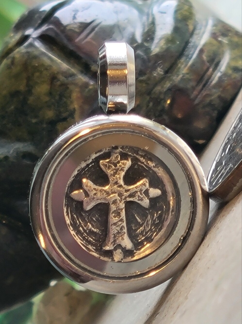 - .999 Fine Silver Wax Seal Cross Pendant - 20mm Bezel Artisan Shield Charm